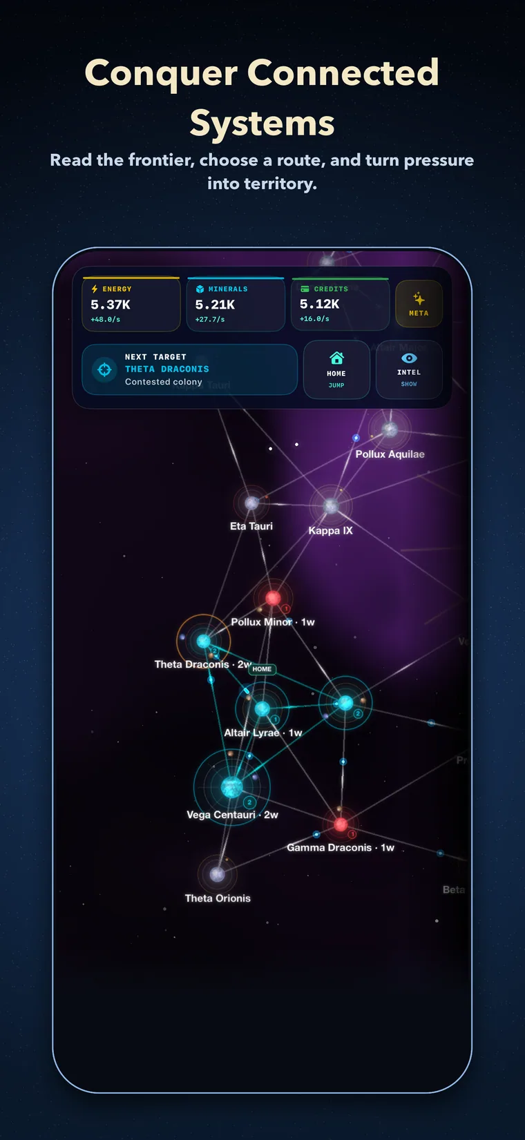 Fleet Commander App Store artwork showing the connected galaxy frontier map