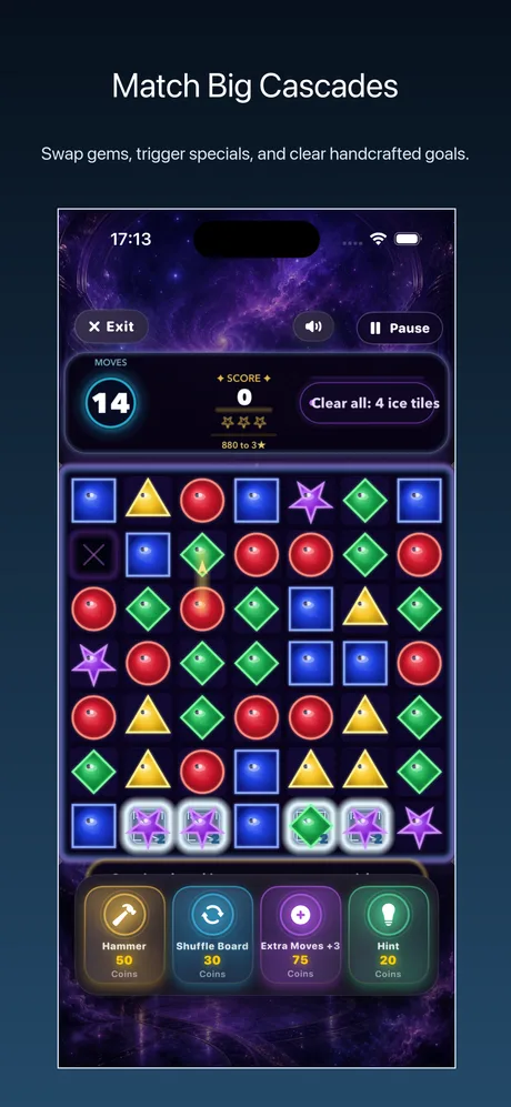 GemGame iPhone screenshot showing a neon match-3 board with gem cascades and boosters