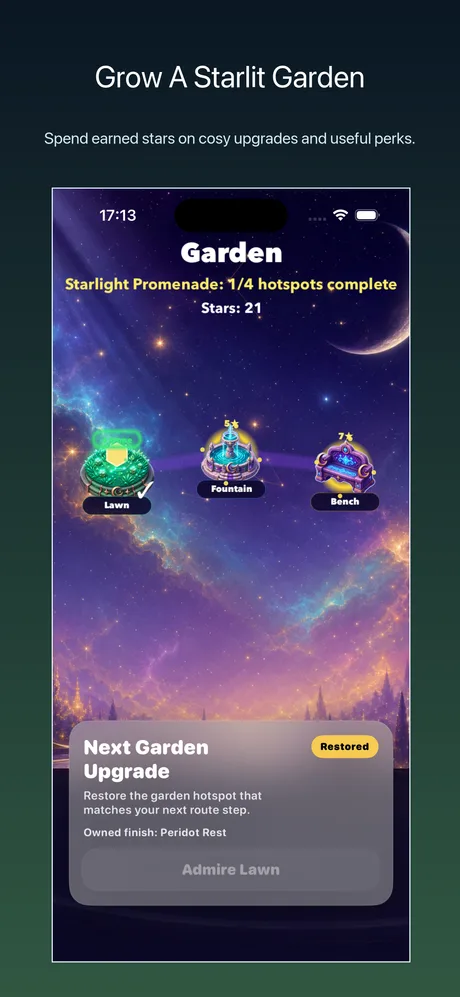 GemGame iPhone screenshot showing the starlit garden progression screen