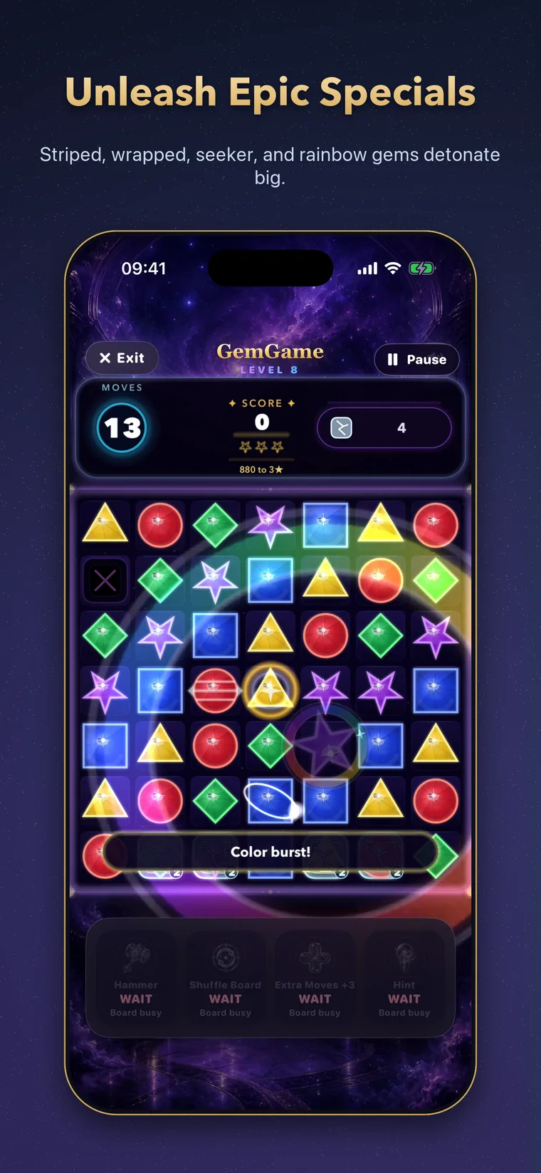 GemGame App Store artwork showing striped, wrapped, seeker, and rainbow power gems