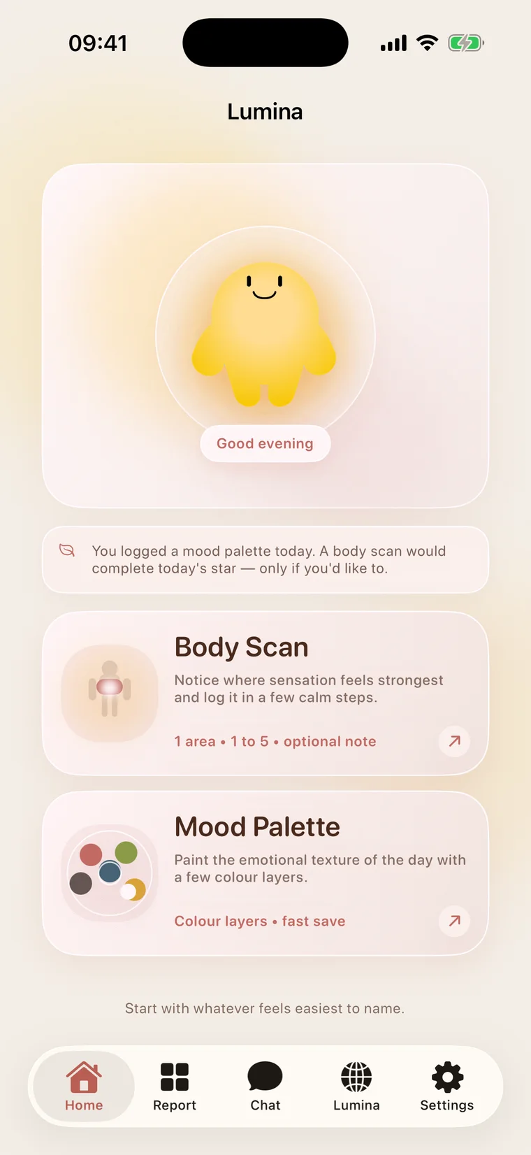 My Lumina TestFlight home screen with a friendly yellow mascot, body scan and mood palette actions