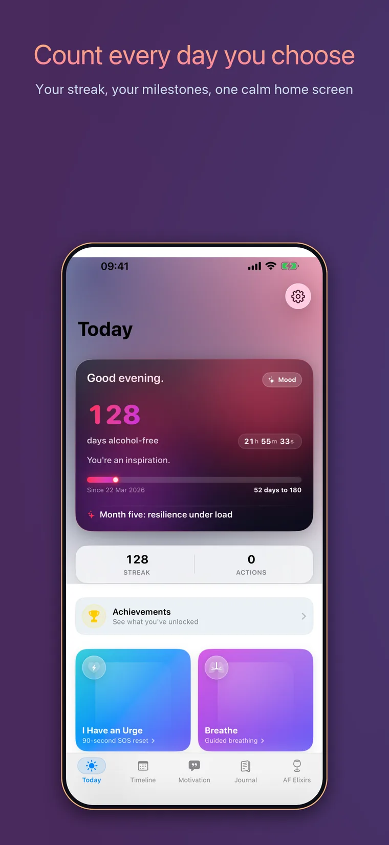NoBooze App Store artwork showing a 128-day alcohol-free streak on the daily dashboard