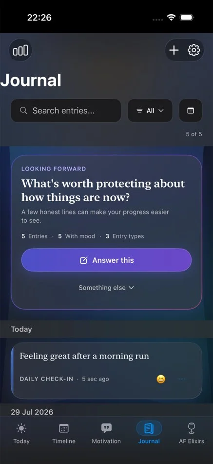 NoBooze journal showing a private reflection prompt, searchable entries and mood context