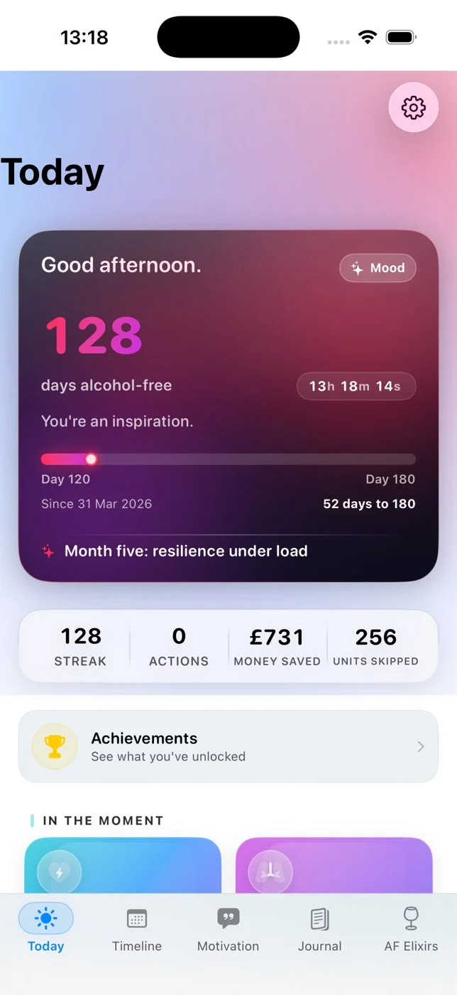 NoBooze showing a 128-day alcohol-free streak, savings, achievements and daily support actions