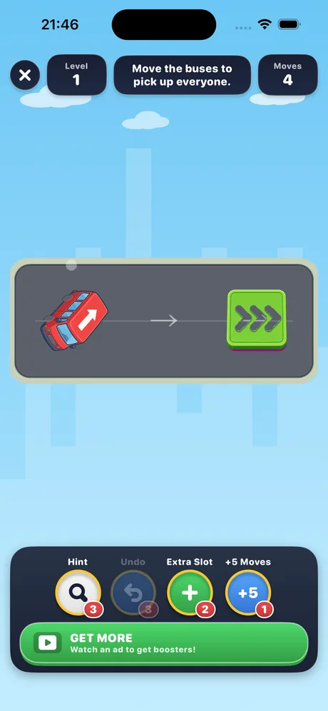 Tiny Transit Jam iPhone screenshot showing the onboarding puzzle board and booster tray
