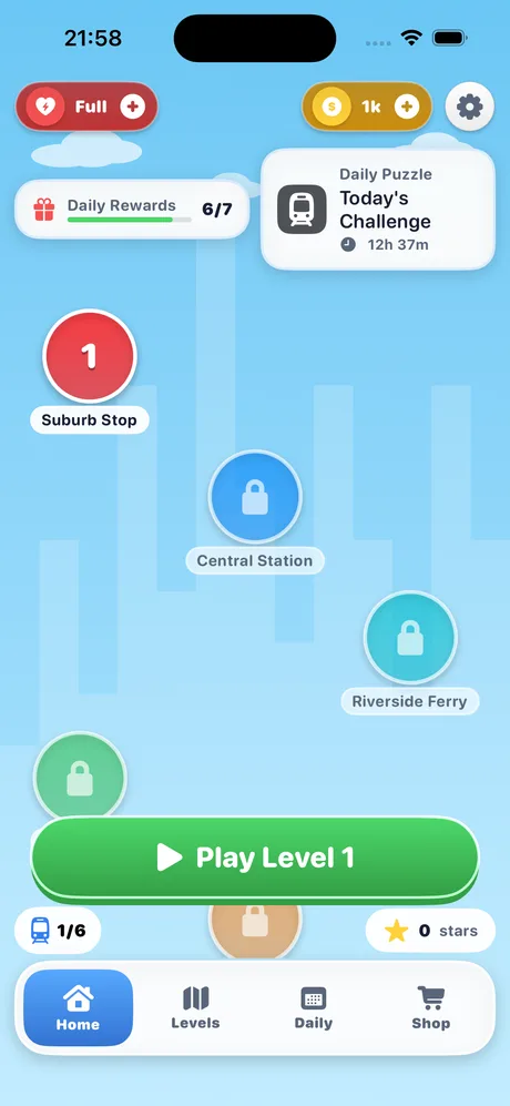 Tiny Transit Jam iPhone screenshot showing the level map and daily challenge card