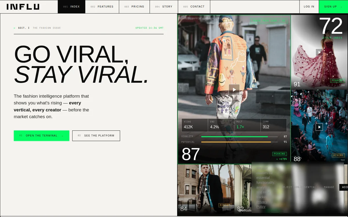 INFLU homepage, with the fashion intelligence feed and look scores